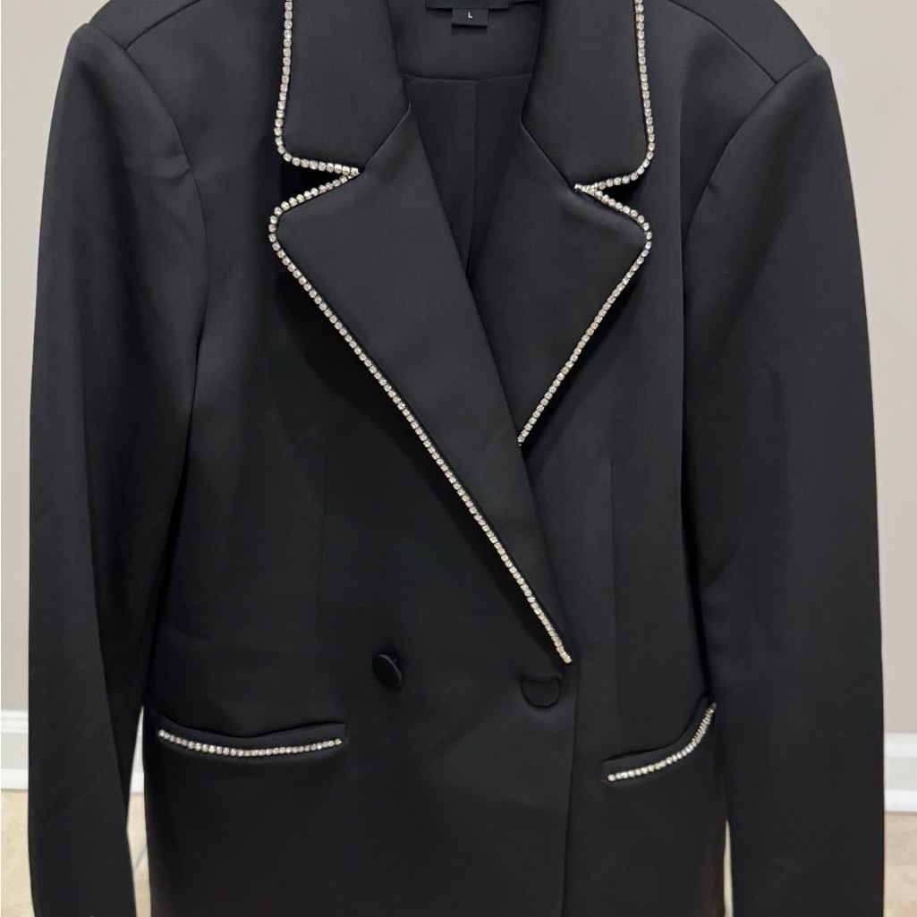 Good American Black Double Breast Blazer With Rhinestone Accents